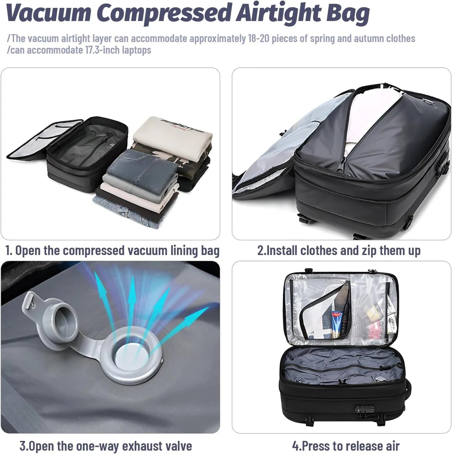 Airpack Expandable Backpack Vacuum with Pump, Anti-Theft Lock, and Compression Bag, Vacpack for Men and Women